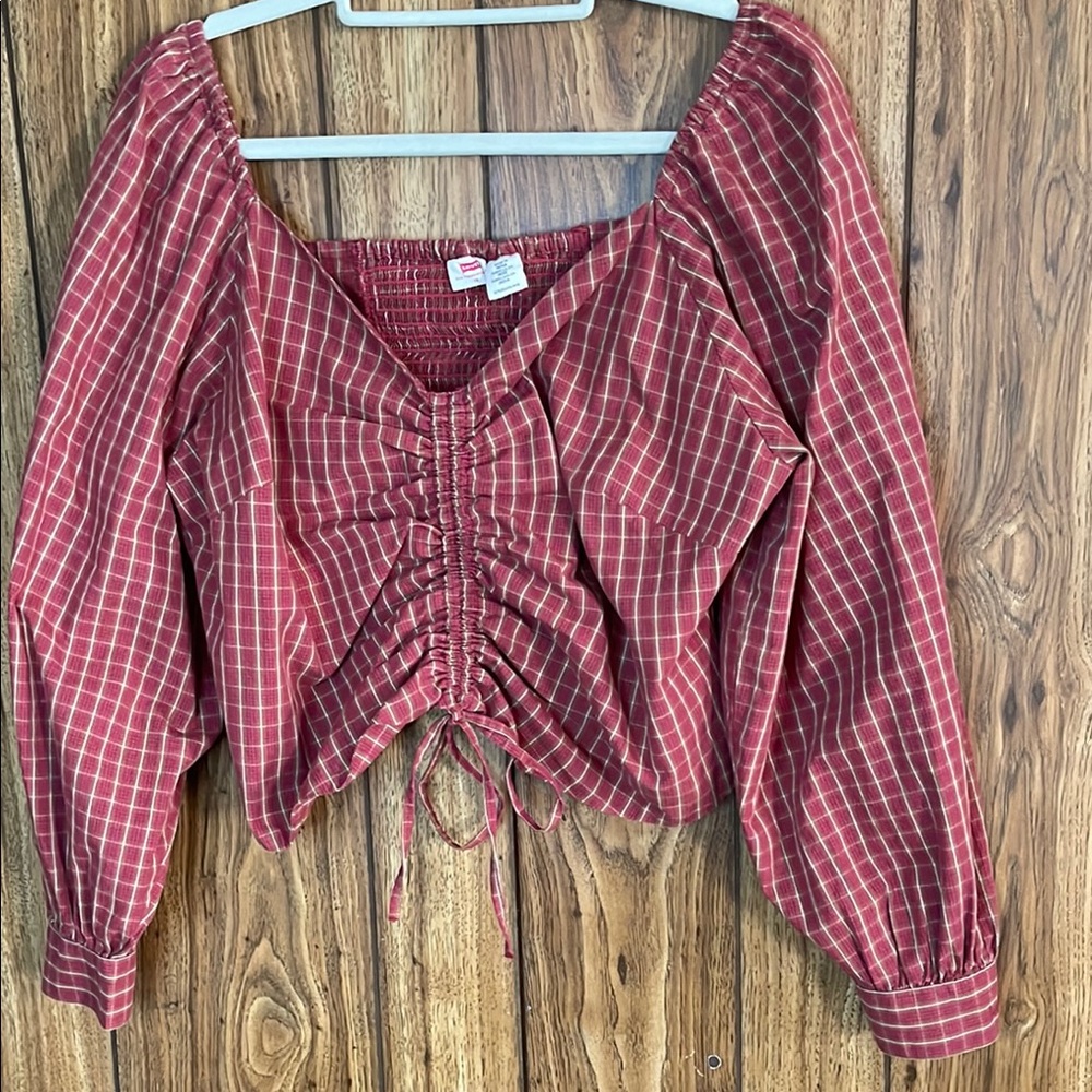Levi's Red and Black Puff Sleeve Crop Blouse